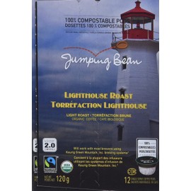 Jumping Bean Light Roast Fairtrade Organic 100% Compostable K-Cup Coffee Pods, Individually Wrapped, ECO2Roast, Premium Coffee, Non-GMO, Lighthouse Roast , 12 Count Pods