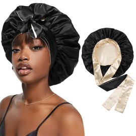 Satin Bonnet Silk Sleep Cap Hair Bonnets for Women Stretchy Tie Band Hair Cap for Curly Hair Silk Hair Wrap(Champagne+Black)