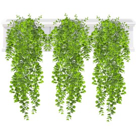 RAINFLOW 3PCS Artificial Plants Indoor - Lifelike Fake Hanging Plants with 69 Green Leaves, Artificial Eucalyptus Plant Fake Vines for Shelf Office Wall Porch Wedding Outdo(L31.5 xW5.1)