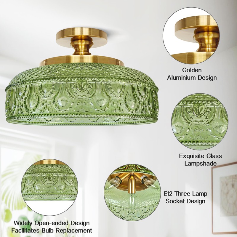 Lamomo Semi Flush Mount Ceiling Light, Upgraded Larger Green Hallway