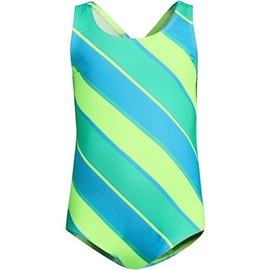 Lands' End Girls Chlorine Resistant One Piece UPF 50 Swimsuit Large Lime Jade/Turquoise Stripe