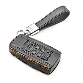 INFIPAR Fit for Acura MDX RDX RLX ILX TLX Key Fob Cover Case Genuine Leather Smart Keyless Entry Protector KR537924100, with Key Chain (5-Button with Engine Hold, Black)