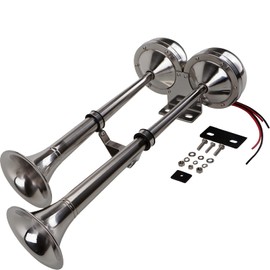 AOLIHAN 12V Marine Boat horn Waterproof Stainless Steel Dual Trumpet Horn for Boats Ship Sailboat Yacht Off-Road Vehicle Truck SUV RV Vans Touring Car (silver two tone)