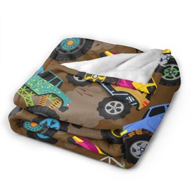 Cool Monster Cartoon Trucks Car Throw Blanket Soft Bed Bedding Warm Cozy Plush Flannel Fleece Blankets Gifts for Kids Boys Teens Men, Sofa Couch Bedroom Home Decor, 60"x50"