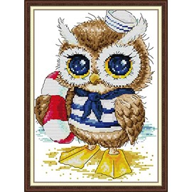 Stitchmelody 14CT Counted Cross Stitch Kits,DMC Unprinted Pattern Embroidery Set Needlework-Learn to Swim Owl 8.2''×11.4''