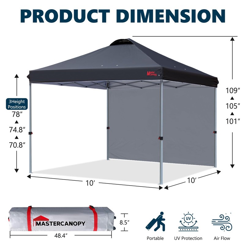 MASTERCANOPY Durable Pop-up Canopy Tent with 1 Sidewall (10'x10',Black)