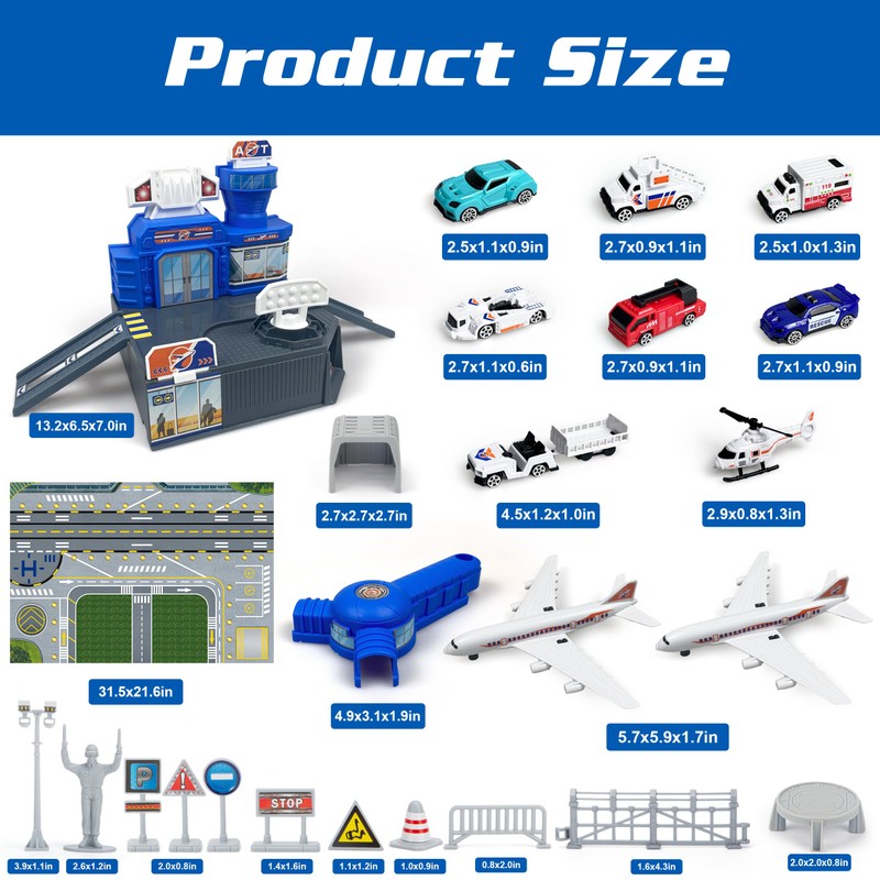 Airplane Toy Set with Trucks, Helicopter, Planes, Signs and Airport