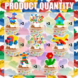 24-Piece Building Block Brick Themed Birthday Party Cupcake Toppers Decorations for Kids Adults Boy Girl Party Supplies