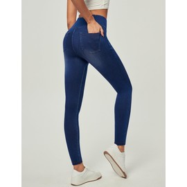 IUGA Crossover Jeggings for Women Tummy Control High Waisted Jeans for Women Pull on Skinny Stretchy Jeans with Pockets Dark Blue