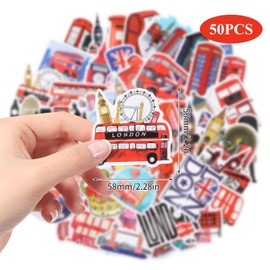 Volumoon England Stickers Pack, 50PCS London Cartoon Stickers, Mixed Travel Stickers, Waterproof British Flag, London Bus Stickers, for Scrapbooking, Laptop, Water Bottle, Skateboard