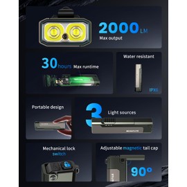 SCOUTLITE Vario GB 2000 EDC Flashlight with White and Warm LED Combo, 2000 Lumens Compact Magnetic Flat Pocket Lights, Triple Sources for Ourdoor Camping Inspection Emergency Work - Olive Green