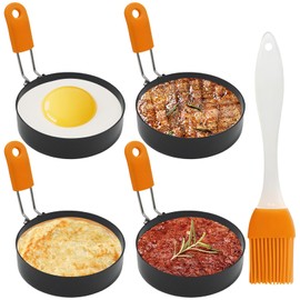 Egg Rings for Frying, 4Pcs Fried Egg Rings Egg Poachers Pancake Mould Poached Egg Moulds Fried Egg Mould Scantproof Egg Frying Rings Non Stick Egg Moulds with Oil Brush for Fried Egg