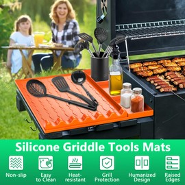 Silicone Griddle Tools Mat for Blackstone, Large Grill Accessories Side Shelf Mat with Drip Pad Heat Resistant, Non Slip, BBQ , Utensil Holder for Grilling, Kitchen Outdoor Cooking Countertop, Orange