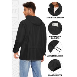 Zando Black Windbreaker Jacket Men's Lightweight Rain Coat with Hood - Packable Rain Jacket for Travel & Golf