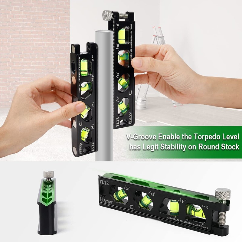 Huepar Magnetic Torpedo Level, Conduit Level with 4 Vials, 6.2