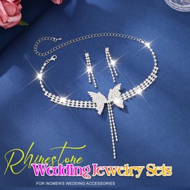 Aukmla Silver Rhinetsone Wedding Jewelry Sets Butterfly Choker Necklace Set Prom Jewelry for Brides and Women (Silver)
