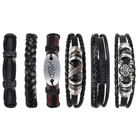 flintronic Leather Bracelet, 6Pcs Adjustable Fashion Punk Braided Men & Women Rope Bracelet Cuff Vintage Bracelets Wrap Set Series