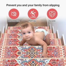 BLUERISE Carpet Stair Treads Non Slip 15PCS, 8" X 30" Edging Stair Runner for Wooden Steps Indoor, Resistant Stair Rugs with Reusable TPE Adhesive Backing, Residue Free Mat for Kids, Elders, Pets, Red
