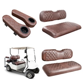 NOKINS Golf Cart Seat Covers for EZGO TXT 1994-2013/EZGO RXV, Vinyl Front&Rear Seat Cover with Flip-Up Armrests kit, with Cup Holder, for 1" Square Tube (Brown&Brown 8438)