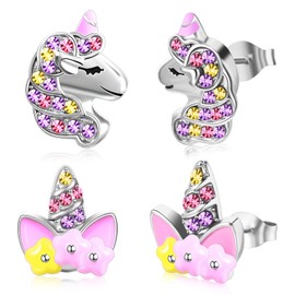 Unicorn Earrings for Girls 2 Pairs Silver Color Unicorn Stud Earrings Flower Horn Unicorn Colorful Rhinestone Unicorn Earrings Cute Jewelry Birthday Party Gifts for Girls Daughter Girlfriend
