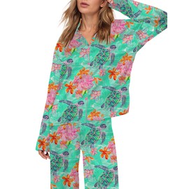 SHESHOW Women Silk Pjs Sets 2 Piece Pjs Long Sleeve Tops and Long Pants Cute Turtle Print Pajamas for Women Set Pink M