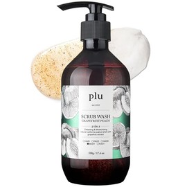 Plu Scrub Body Wash Grapefruit Peach – Korean Exfoliating Body Cleanser - Hydrating, Nourishing, Radiant Glow Skin - Sweet and Tangy Grapefruit Peach Scent - Hypoallergenic, 16.9 fl.oz.