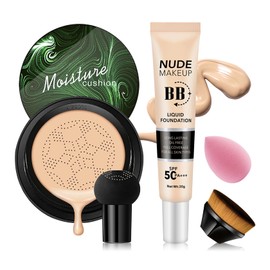 2PCS Mushroom Head Air Cushion CC Cream, Moisturizing Lasting Oil Control BB Cream for All Skin Types, Full Coverage Concealer Liquid Foundation Face Makeup Set with Foundation Brush & Makeup Sponge C