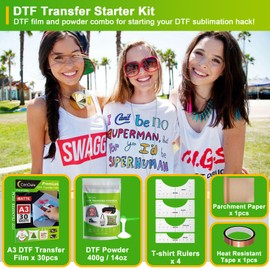 CenDale DTF Transfer Film Powder Kit - 30 Sheets A3 Film for Sublimation, 14oz White Medium Powder, Starter Kit for DTF/Sublimation Printer, Hot & Cold Peel Paper for All Color Fabrics