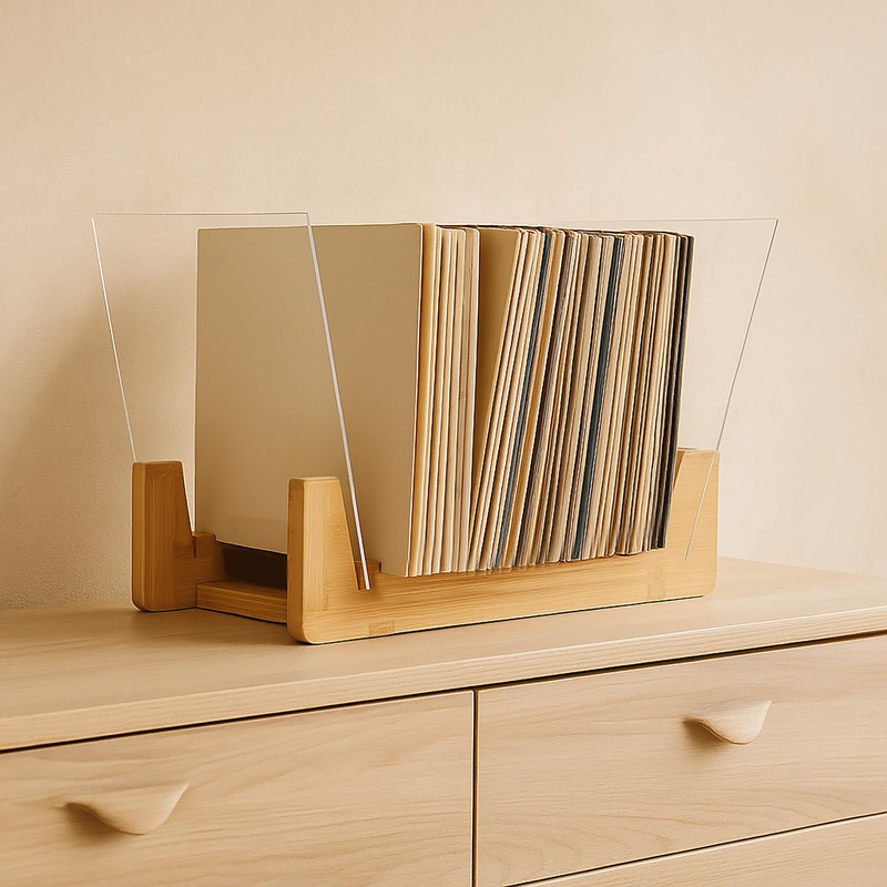 Relaxdays Vinyl Record Stand for 50 LPs, Bamboo, Acrylic, 12