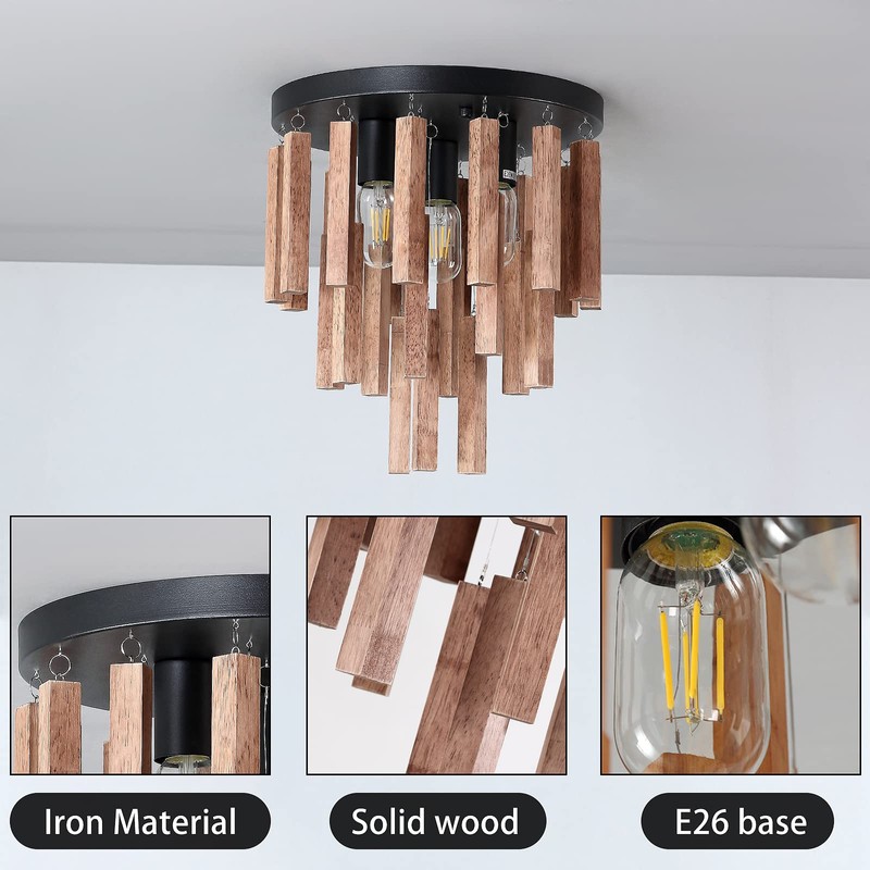 MOUJOE Wood Ceiling Light Fixture 3-Light Semi Flush Mount Light
