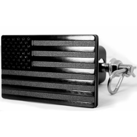 MULL USA Flag Metal Trailer Hitch Cover with Hitch Pin Bolt (Fits 2" Receivers, Black with Thin Blue line)