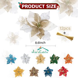 jim`s cabin Artificial Flowers Pack of 12 Glitter Poinsettias for Christmas Tree Ornaments Butterfly Christmas Gold Decorations (White)