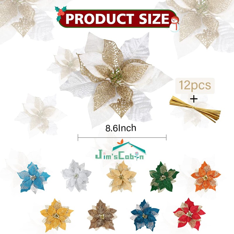 jim`s cabin Artificial Flowers Pack of 12 Glitter Poinsettias for
