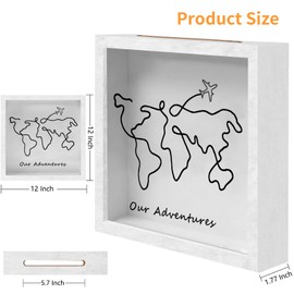Adventure Archive Box,12In Ticket Shadow Box with Slot,Travel Box for Memories,Travel Shadow Box Adventure Archive,Ticket Holder with World Map and Plane Design,Hang Memorabilia,Tickets,Photos(White)