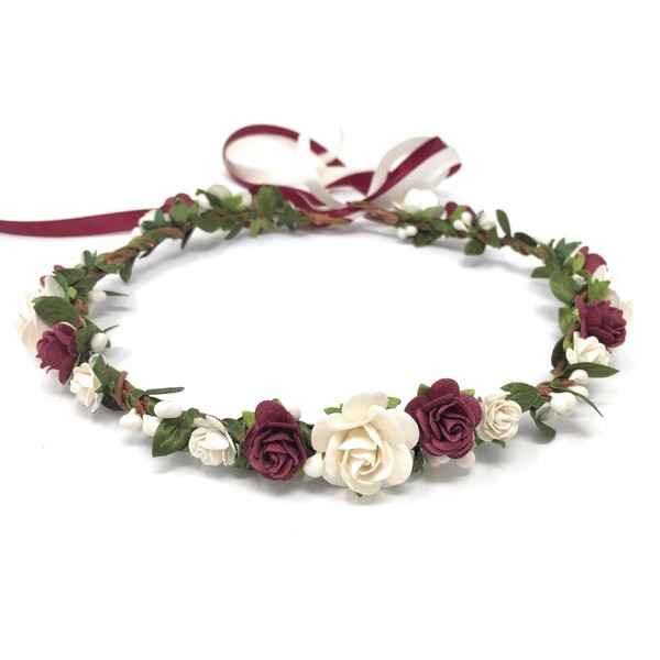 Daddasprincess Flower girl crown wedding boho headpiece headband hair wreath (Burgundy)