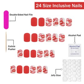 Valentines Press on Nails Short Square SWEKKE Red Fake Nails False Nails with Red Pink Lips Designs Full Cover Matte Glue on Nails Valentine's Day Stick on Nails for Women Girls 24 Pcs