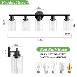 Guliaofo 5-Light Black Bathroom Vanity Lights, E26 Modern Bathroom Light Fixtures with Clear Glass Shade, Mirror Kitchen Hallway Cabinet Living Room Sconces Wall Lights