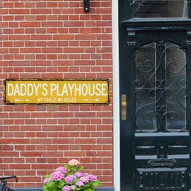 Fathers Day Gift DADDY'S PLAYHOUSE MY TOOLS MY RULES Sign Vintage Aluminum Metal Street Sign Road Signs Wall Art Plaque Man Cave Dad's Gift Mechanic Workshop Decor 4x18in Yellow