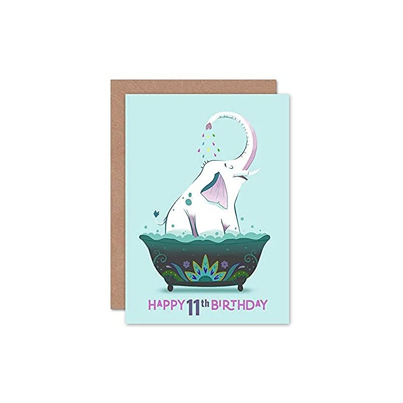 Wee Blue Coo Elephant Bath Birthday 11th Greetings Card