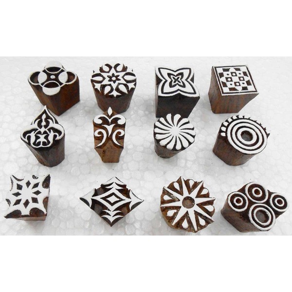 Crafts of India Wholesale Pack of 12 Wooden Block Printing Stamps for Textile Designing/Henna Tattoo/Crafts Printing Pattern for Saree/Home Decor