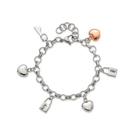 Stainless Steel Heart, Lock and Key Charm Bracelet (8.5 Inches)
