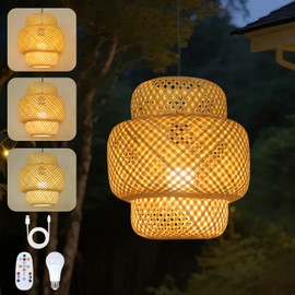 HMVPL Battery Operated Chandelier with Hook, Bamboo Outdoor Battery Operated Light with Remote, Boho Outdoor Chandelier for Porch, Wireless Dimmable Gazebo Light, Hanging Lamp for Patio Pergola
