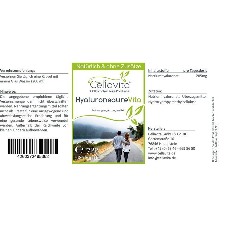 Cellavita Hyaluronic Acid Vita Capsules Vegan, Pure, Natural, Vegetable (180