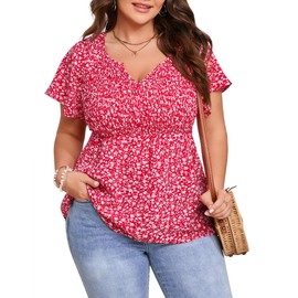 ShopWonder Women Plus Size V Neck Peplum Tunic Tops Casual Short Sleeve Babydoll Shirts Swing Flowy Blouse Tops Red White 2XL