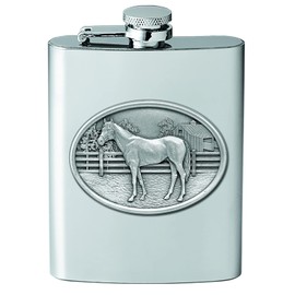 Heritage Pewter Racehorse Flask | 8 Ounce Liquor Flask Container - Stainless Steel | Intricately Crafted Metal Pewter Racehorse Inlay