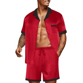 Ekouaer Men Satin Silk Pajamas Set with Pockets Sleepwear Shorts Satin Summer Loungewear 2 Piece Button Down Set S-XXL Red