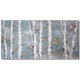 amatop Teal Wall Art 100% Hand-Painted Landscape Forest Oil Painting on Canvas Original Framed Artwork Gold Bird Birch Tree Artwork White Birch at Night for Living Room Bedroom Office Decor 32x16inch