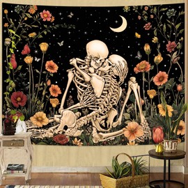 Accnicc Floral Skeleton Lovers Tapestry for Bedroom Gothic Skull Wall Tapestry Aesthetic Vintage Flower Plant Small Tapestries Wall Hanging for Living Room Dorm 60 x 44 Inch