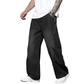 QGRSWBC Men's Baggy Jeans Wide Leg Hip Hop Pants Vintage Loose Fit Trousers Streetwear Black Grey L