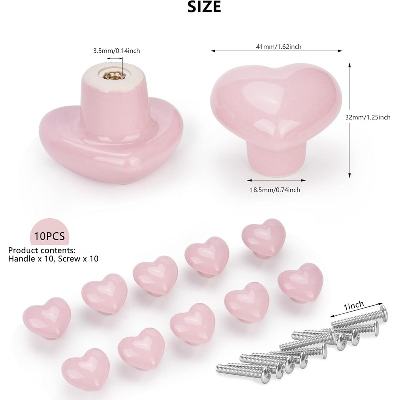Noosverl 10 x Love Heart Shape Door Pull Knobs Pink